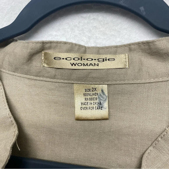 Ecologie Woman Button Down Shirt 2X Tan 100% Linen Embroidered Long Sleeve Top - Picture 4 of 10